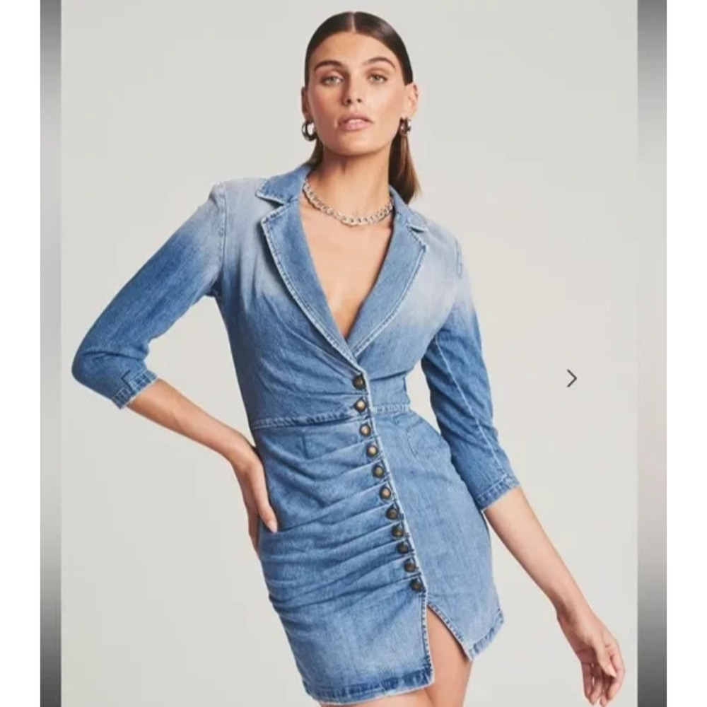 Retrofete Willa Mini Dress Light Blue Stone 3/4 Sleeve Notch Lapel Snap S - Picture 5 of 16